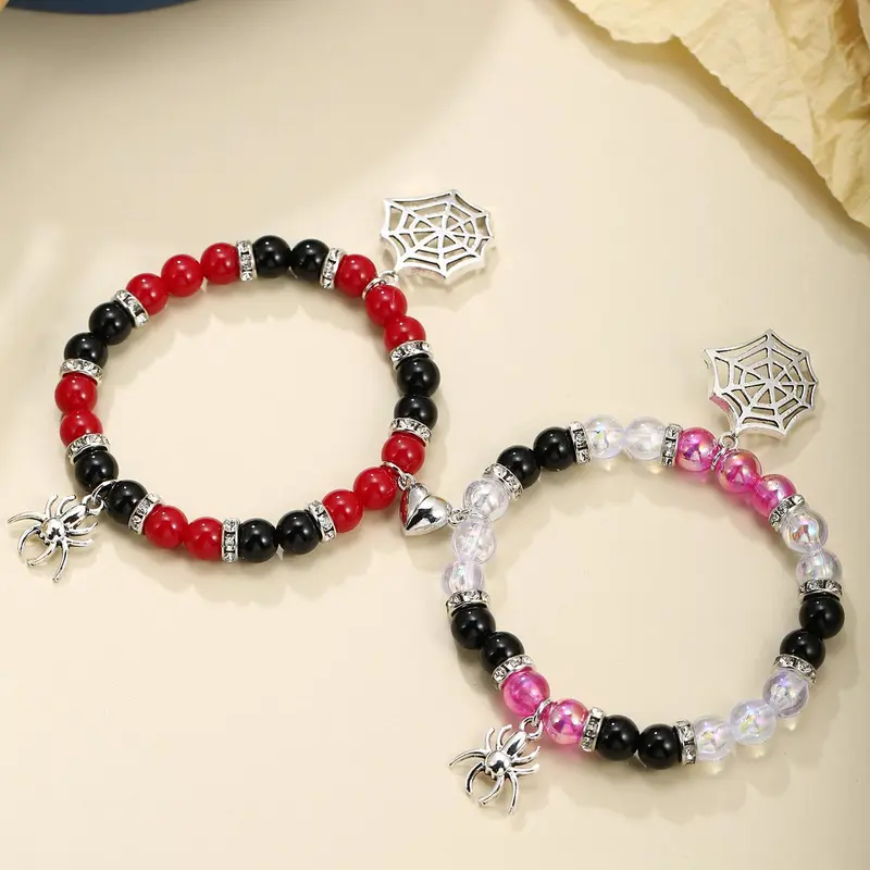 Fashion Spider & Net Design Charm Beaded Bracelet Set, Casual Simple Magnetic Heart Charm Jewelry for Party, Daily Clothing Decor, Adjustable Beaded Charm Bracelet, Beaded Bracelets Set