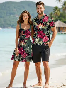 Vacation Couple Outfit Tropical Floral Leaf Pattern Ruched Bust Belt Dress and Button Up Shirt Hawaii Matching Outfit  Beach