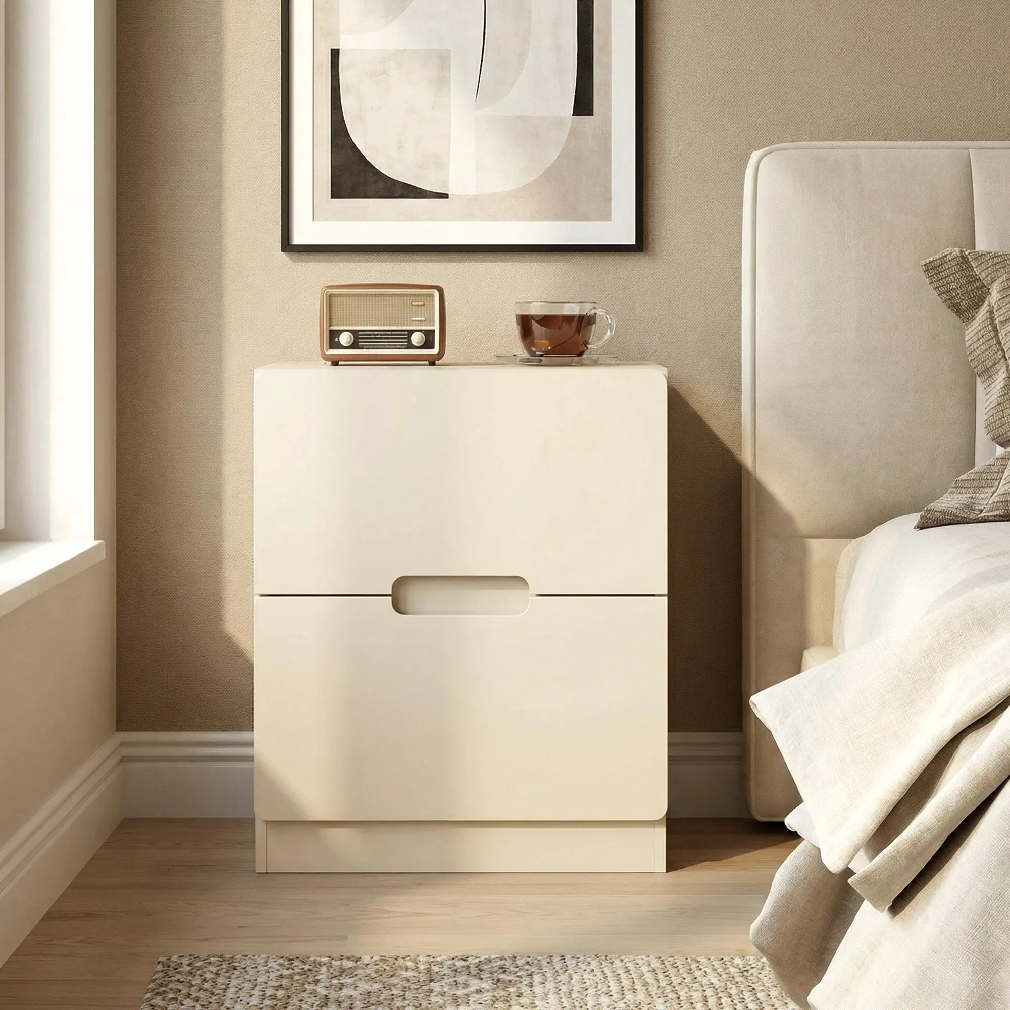 RoyalCraft L 2-Drawer Nightstand - Modern Handleless Wood Side Table, Minimalist Decluttering Furniture for Small Spaces, Ideal for Bedroom