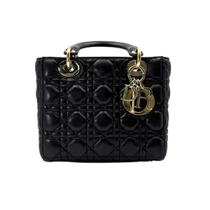 Pre-owned Dior Lambskin Shoulder Bags Lady Small Black Cannage Handle Bag With Gold Charms DR673