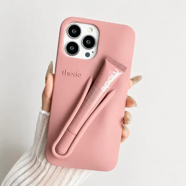 Rhode Inspired Silicone Lip Gloss Phone Case for iPhone 12–17, Plus, Pro Max & Air, Cute Protective Cover with Lip Holder, Toast