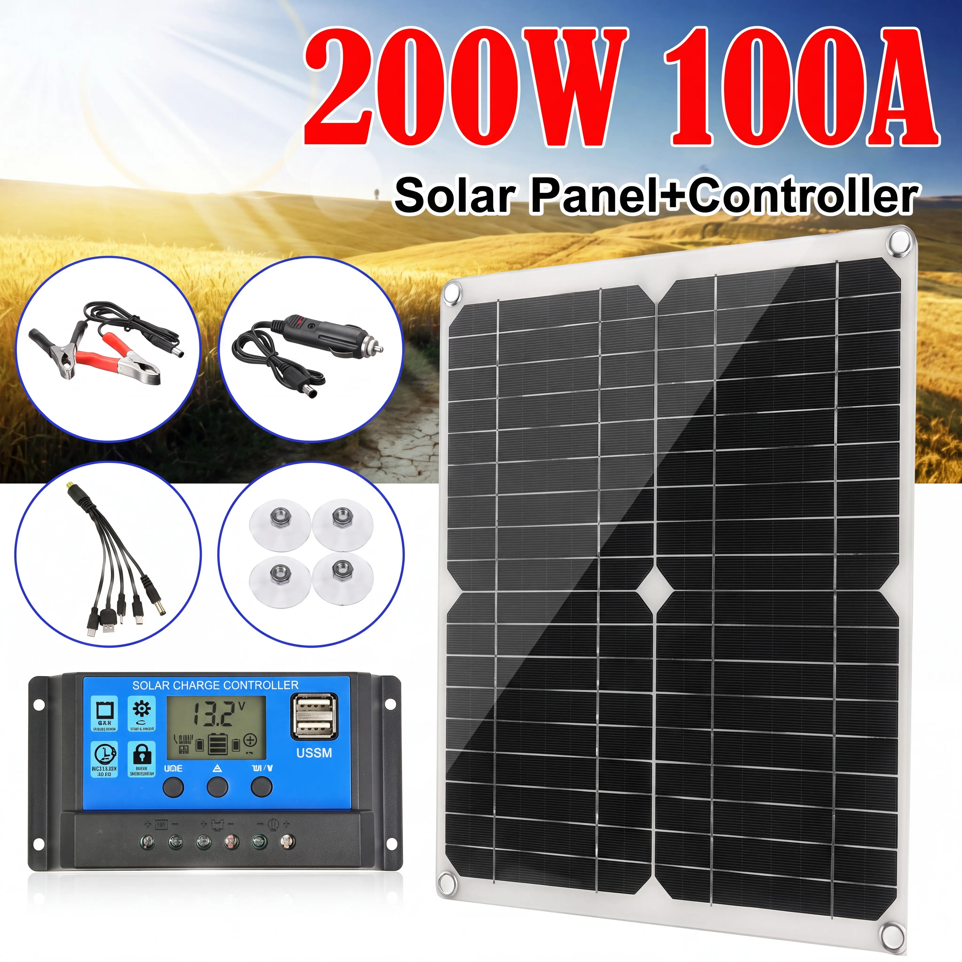 200W 100A Solar Panel Kit, Monocrystalline Portable Solar Charger with 10-in-1 Charging Cable, Dual USB Port & Solar Charge Controller, Waterproof Battery Maintainer for Camping, RV, Boat, and Off-Grid Power
