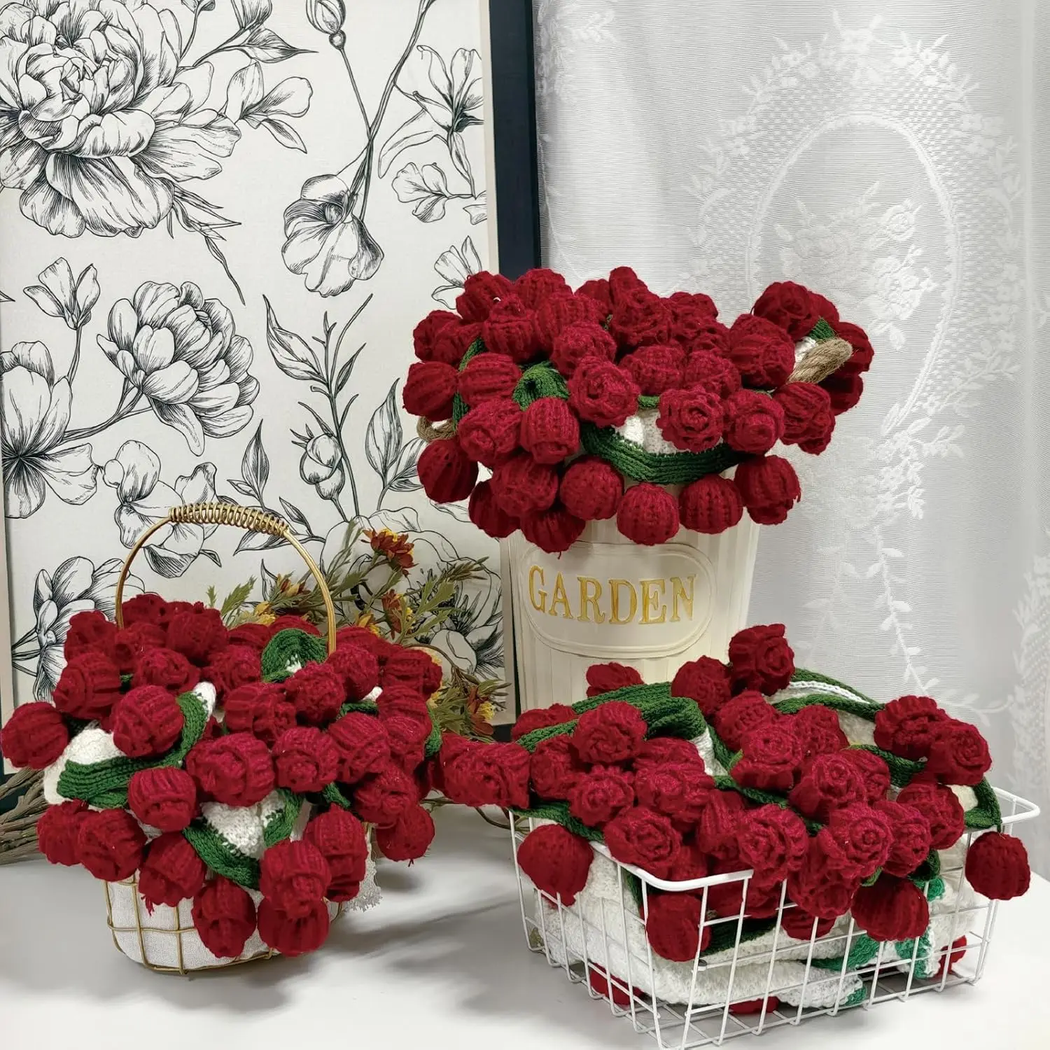 Handmade Crochet Flower Bouquet Round Throw Blanket - 24-43In Soft Lightweight Rose Finished Product, Gifts for Girlfriend Adults, Gf Birthday Gift Ideas, Home Decor for Bed Sofa