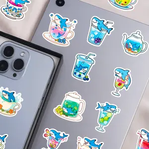 56 Cute Shark Cup Graffiti Stickers, Creative Aesthetic Cartoon Shark Stickers for Journaling and Helmet Decoration, Fun and Unique Designs