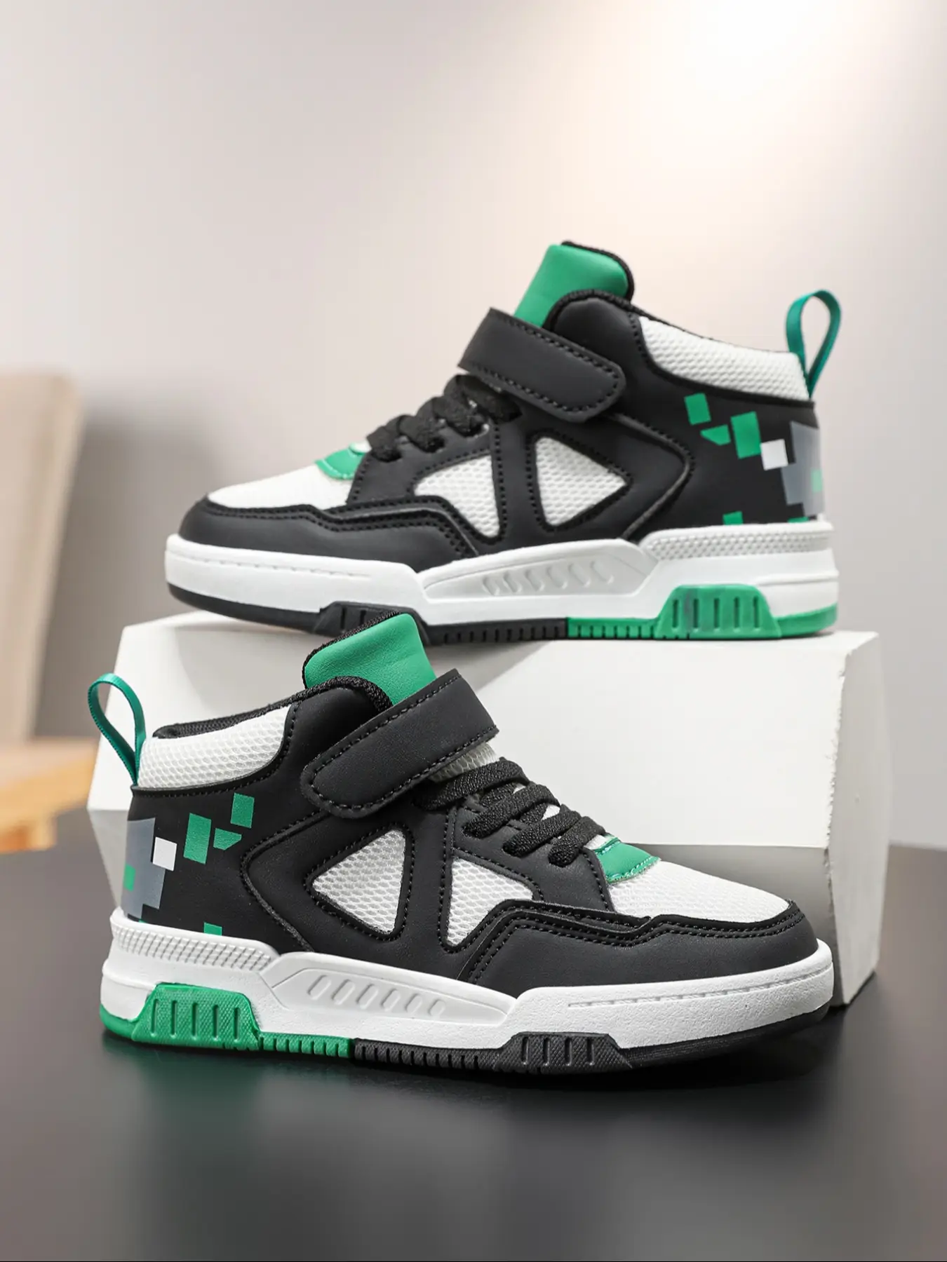 Boys Girls High-Top Sneakers, PU Leather Mid Top Shoes, Cuban Heel Design, All Season Fashion Footwear for Kids & Youth