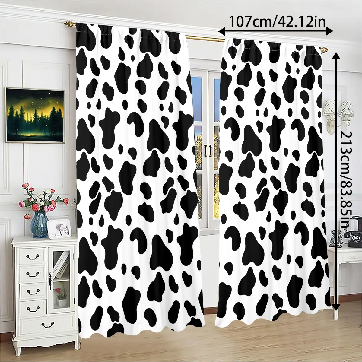 2 Piece Set Cow Print Curtains, Cute Cow Spots & Vintage Feel, Filter Light Drapes, Polyester Rod Pocket, Hand Washable, Window Curtain, Room Decor Curtain, Home Decoration Curtain, Upgrade Curtain