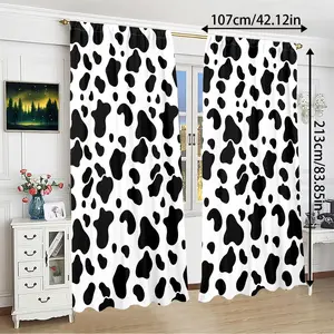 2 Piece Set Cow Print Curtains, Cute Cow Spots & Vintage Feel, Filter Light Drapes, Polyester Rod Pocket, Hand Washable, Window Curtain, Room Decor Curtain