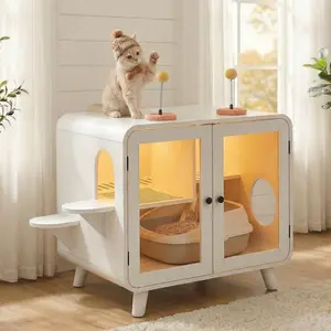 [Bellemave]Cat Hidden Litter Box Enclosure with RGB LED Light, Cat House with Stairs and Cat Pom-pom Toys for Fun, Cat Washroom Cabinet with Litter Leak Walkway and Glass Doors for Better View,White