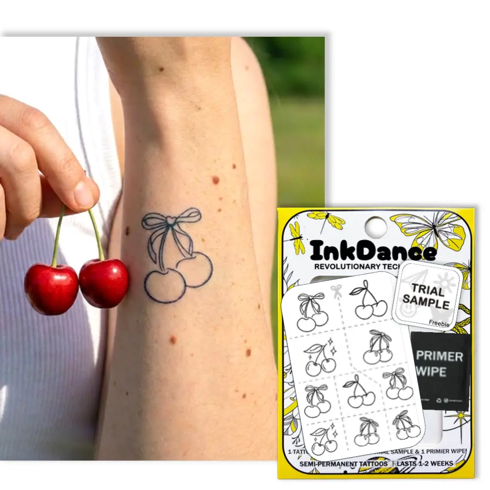 InkDance Semi-Permanent Tattoo, Sweetheart Cherries, Fine Line Cherry, Y2K, Long Lasting Temporary Tattoos, Waterproof Plant-Based Ink, Lasts 1-2 Weeks, Color Develops in 24 Hours X030