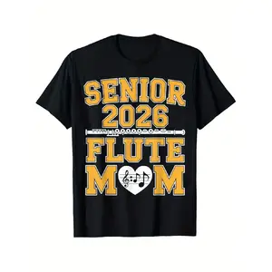 2026 Flute Marching Band Senior Mom T-Shirt, Men'S Summer Tee - Short Sleeve, Crew Neck, Ideal for Everyday Use & Gift Giving