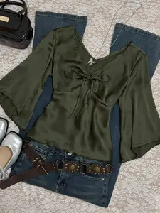 V Neck Flared Sleeve Solid Top, Waist Tie Design for Slimming Effect, Nk-0004-Yz029, Women's Fashionable Upper Garment, Comfortable & Stylish
