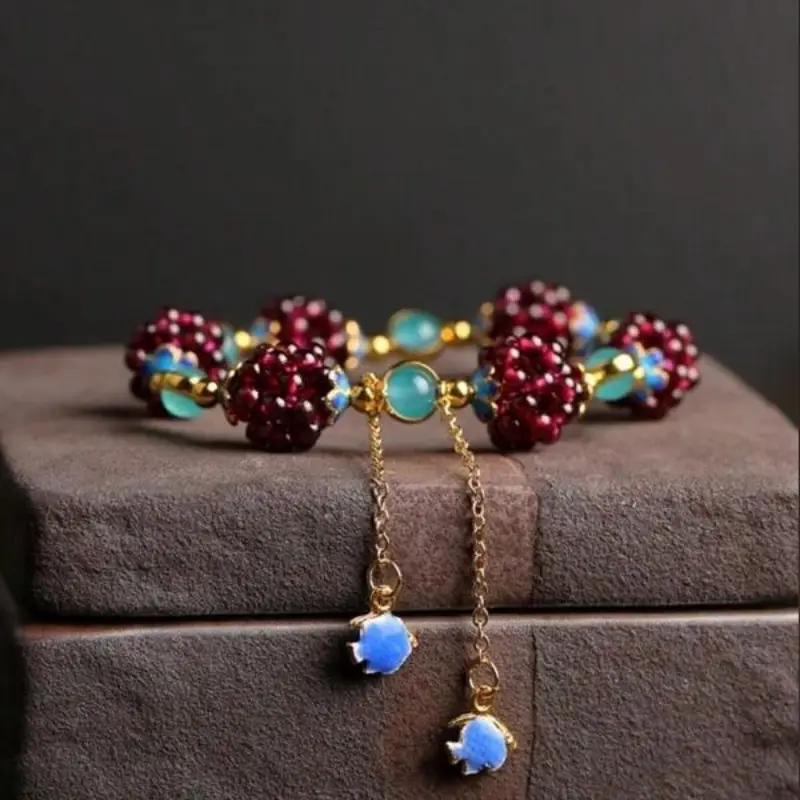 Natural Dark Red Garnet Berry Crystal Gemstone Bohemian Chakra Beaded Bangle - Adults' Daily Healing Reiki Woven Bracelet with Bead Chain, Cord Chain, Around 7 Inches, Bohemia Chakra, Enhance Vitality, Female, Improve Gynecological Problems, Promotes Circ