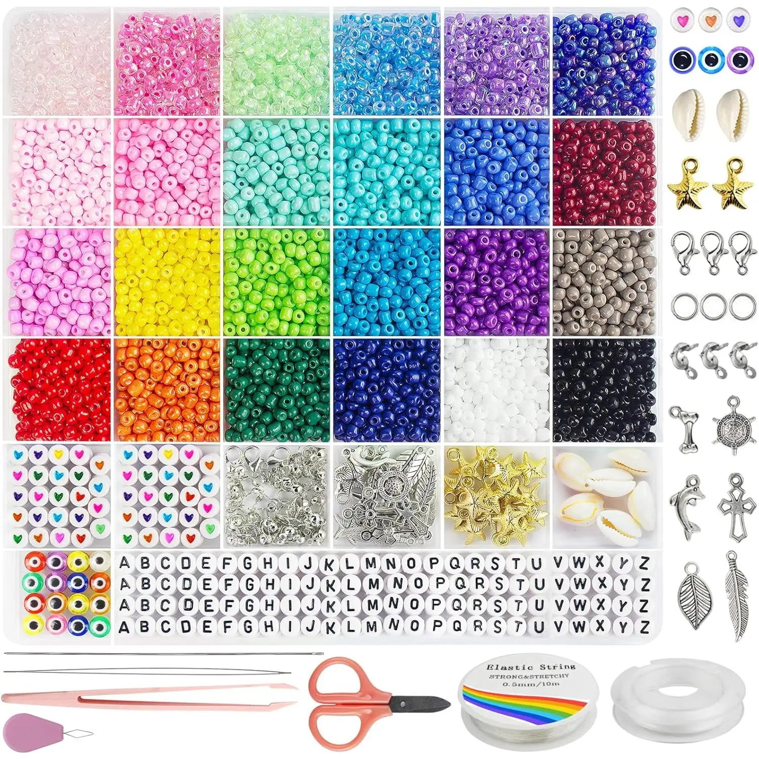 4mm Glass Seed Beads for Jewelry Bracelet Making Kit, Small Beads Friendship Bracelet Kit, Tiny Waist Beads with Letter Beads and Elastic String, DIY Art Craft Girls Gifts.