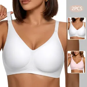 2PCS Women's Seamless Plus Bra Wireless Support Push Up Jelly Bra Comfort Full Coverage Plus Size Bras V Neck Sleep T-Shirt Everyday Bralettes