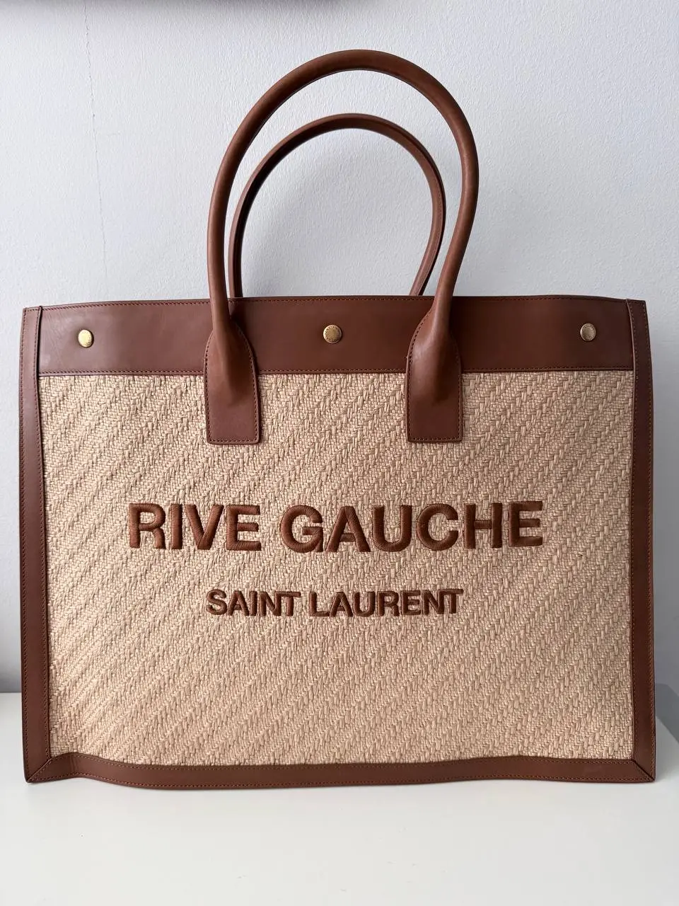 Pre-owned Leather and Rafia Tote Bags Bolso Tote Saint Laurent Rive Gauche en Rafia Trenzada y Piel Marrón