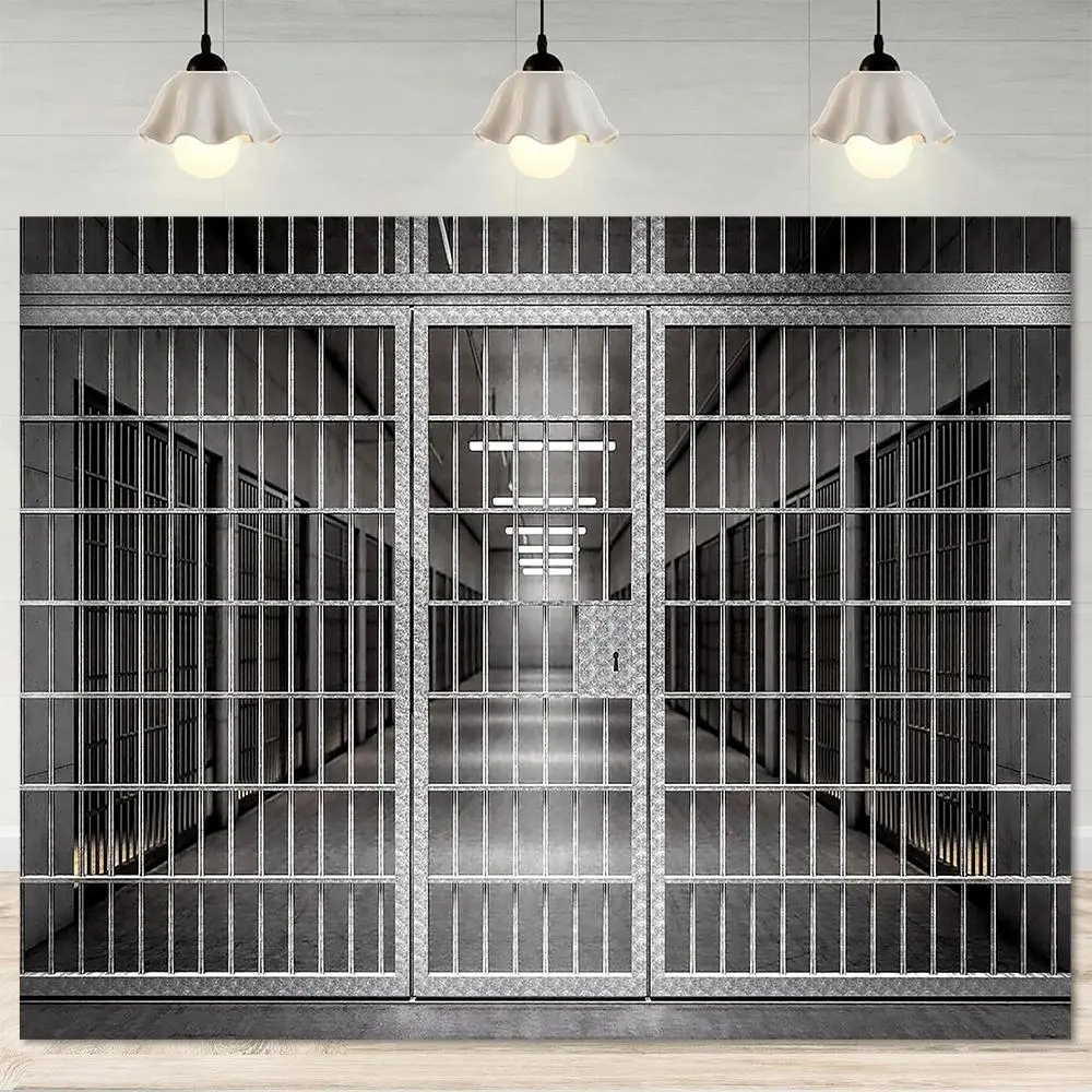 1pc Glam 1-Piece Durable Polyester Fabric Prison Corridor Photography Backdrop - 39.3X59 Inch / 100Cmx150cm, 2D Flat Realistic Prison Bars Metallic Grid Design, White Camera Accessory for Halloween Party, Photo Studio Shoots, One-Piece