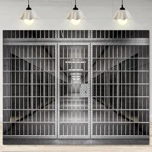 1pc 2D Flat Realistic Prison Corridor Backdrop - Large Inch cm Jail Bars Photography bg Metallic Grid Design - Durable Polyester Fabric Halloween Themed Parties Photo Studio Video Shoots - Electric Camera Smartphone White