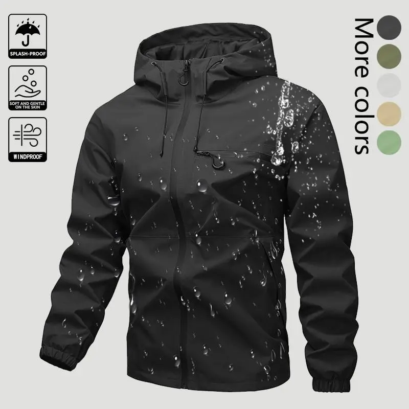 Men's Spring Autumn Lightweight Polyester Softshell Hooded Jacket - Casual, Basic, Solid, Loose-Fit Windproof Water-Resistant Oversize Windbreaker with Drawstring Hood, Waterproof Zipper Pockets, Long Sleeves for Travel, Daily Outfit