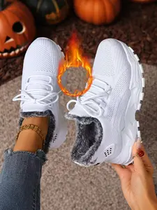 Women's Winter Casual Shoes, Plain Textile Upper, Rubber Sole, Warm Fleece Lining, Thick Anti-Slip Design, Fashionable Sneakers, Lightweight Casual Sneakers