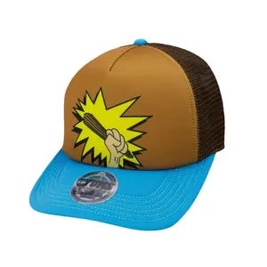 Churros Trucker Mesh Snapback - Comic-Style Design with Blue Mesh and Brown Trim, Adjustable Snapback Closure