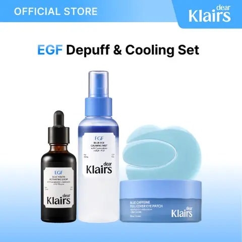 [DearKlairs] EGF Depuff & Cooling Korean Skincare Set - EGF Serum 50ml (1.69 fl oz), Blue Calming Mist 100ml, Blue Caffeine Blend Full Cover Eye Patch | Evening Self Care Beauty Products, Depuffing, Skin Recovery, Barrier Repair, Hydration, Sensitive Skin