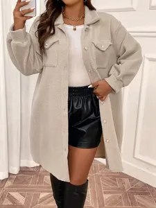 Plus Size Women's Fall Winter Elegant Casual Solid Color Plush Long Sleeve Loose Coat, Warm Fleece Outerwear for Ladies Jackets