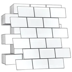WALPLUS 20 Sheets Glossy Peel and Stick Kitchen Bathroom Backsplash Decorative Tile Sticker Stick on Subway Tile 12" x 6" Pure White Gray Grout Subway peel and