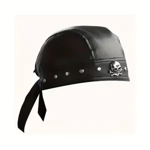 Classic Skull Faux Leather Bandana Motorcycle Biker Doo Do Rag Punk Black Headwrap Studded Cap Capsmith Du Rag Men Women Unisex Moto Hat