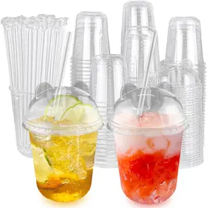 50 Sets 12oz Disposable Transparent Plastic Cup with Panda Lids & Straws, Easy-to-Grip Design, Suitable for Iced Coffee, Milk Tea,Milkshakes,Perfect for Holiday Parties,Various Dining Occasio