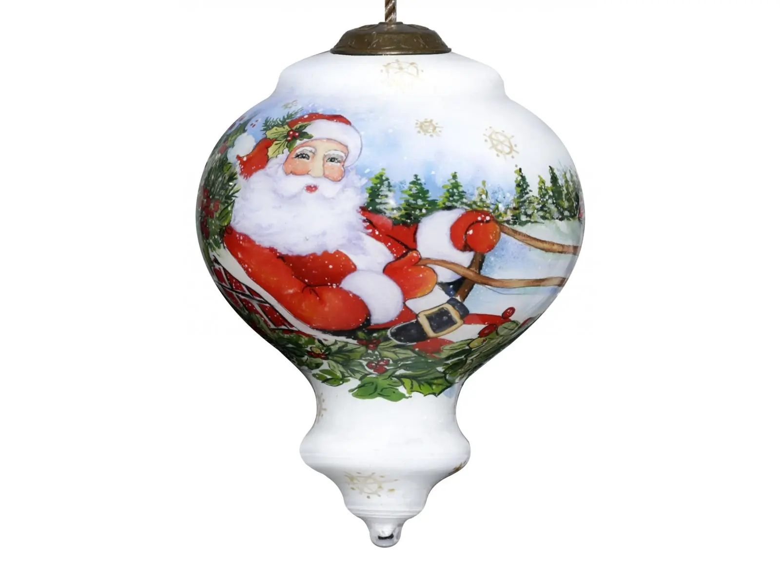 HomeRoots Nostalgic Christmas Antique Hand-Painted Mouth-Blown Glass Ornament - Santa Riding a Sleigh, Multi-Color Tree Decoration, 3.75" x 2.75" x 2.75" Corded Adjustable Oval Hanger, Antique Gold Finish Festive Home Gift