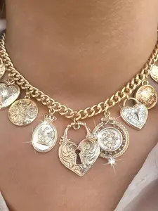 Vintage Gold Cuban Chain Necklace, Multiple Pendants Heart Lock, Sweet Cool Y2K Style, 18k Gold Plated, All Seasons, Hypoallergenic