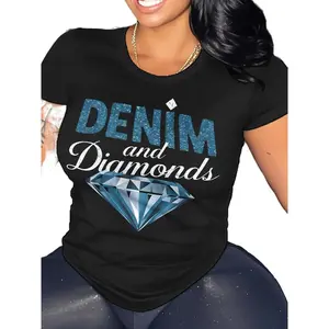 Diamond Queen Women's Spring Summer T-shirt Denim Diamond Print Short Sleeve Crew Neck Fitted Black Everyday Wear 100% Cotton Comfortable Casual Tops Fabric Womenswear Elegant Tshirt Streetwear Crewneck Shortsleeve