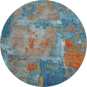 HomeRoots 678014 8 ft. Navy Blue, Orange & Teal Abstract Washable Round Area Rug - Bold, Bright, Child-Friendly, Color-Block, Dark-Colored with UV Protection, Bold Area Rugs, Bright Area Rugs