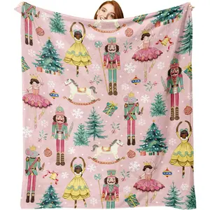 Pink Christmas Nutcracker Flannel Throw Blanket, Cute Xmas Tree Wooden Horses Balls Birthday Gifts for Kids Men Women, Winter Holiday Snowflake Soft Blankets for Bedding Sofa 50 x 60 Inches