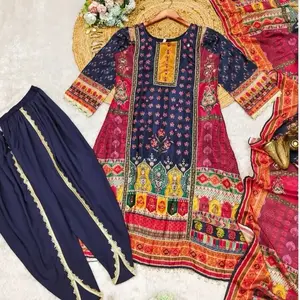 Blue Dhoti Kurta in Chinon With Digital Print and Embroidery Work With Dupatta