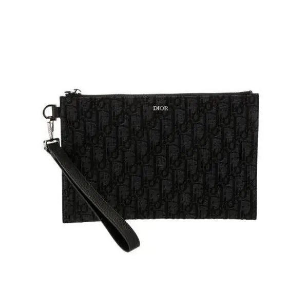 Pre-owned Dior Leather Small Leather Goods A5 Triangle Pouch Black Oblique Jacquard