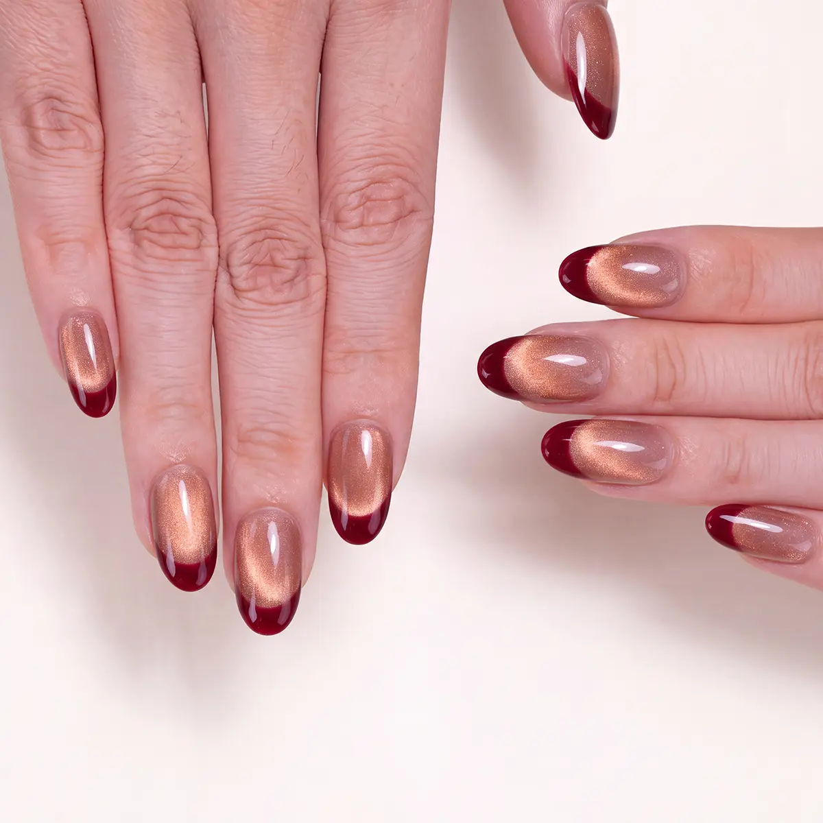 Hilotus Handmade Press On Nails, 10-Piece Medium Oval Cat Eye Set with Bronze Gold Shimmer & Burgundy French Tips, Glossy Reusable False Nails with Adhesive Gel Tabs, Elegant Manicure for Fall Looks, Date Nights, Holiday Parties & Gifts for Her