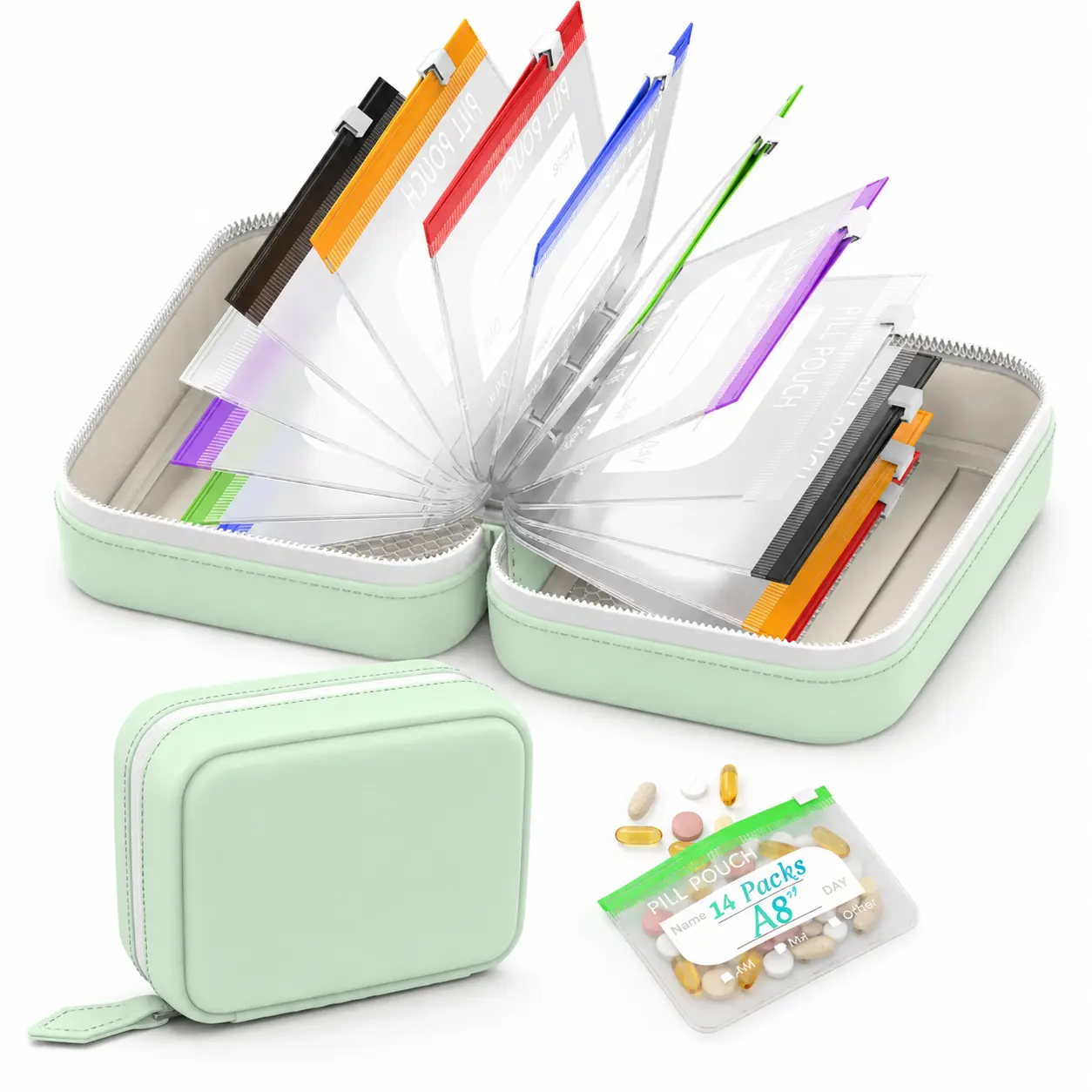 A8 Waterproof Pill Pouch Set - Large Weekly Medicine Org. with 14 6.3x4.7" PU+Clear Reusable Zippered Pouches, Daily Travel Storage for Fish Oils, Vitamins (Home Organizer Bag)