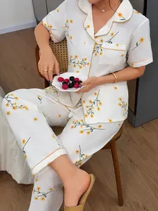 Bubble Wrinkle Floral Print Short Sleeve Long Pants Sleepwear Set, Casual Loose-Fitting Pyjama Set, All Seasons Wear, Made in China