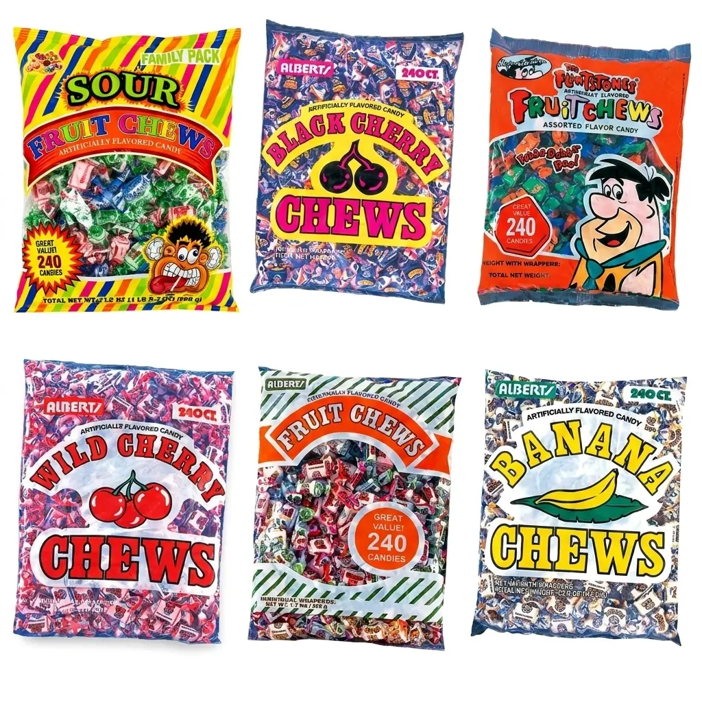 Albert’s Chews Bulk Candy Variety Pack (240 Ct) – Sour Fruit Chews, Black Cherry, Flintstones Assorted, Wild Cherry, Fruit Chews & Banana Chews – Individually Wrapped Retro Nostalgic Sweets for Office, Halloween & Parties