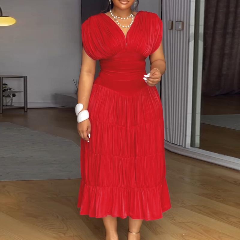 ChicMe Textured V Neck Sleeveless Valentine's Day Ruched Ruffles Hem Dress Casual Waist A Line Party Midi Dress for Wedding & Wedding Guest ChicMe Textured V Neck Sleeveless Valentine's Day Ruched Ruffles Hem Dress Casual Waist A Line Party Midi Dress for Wedding & Wedding Guest