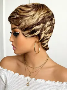 427 Color Pixie Cut Human Hair Wig, Short Straight Layered Wig, Machine Made, Halloween Party Gift, Holidays Gift Wig