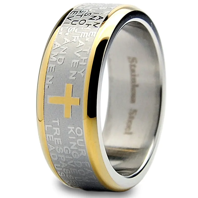 Men's Christian Cross Jewelry Ring - 8MM Stainless Steel Goldtone Embossed Verse Spinner Ring, Elegant Men's Accessories, Mens Gifts, Gifts for Boyfriends, Sizes 7-12