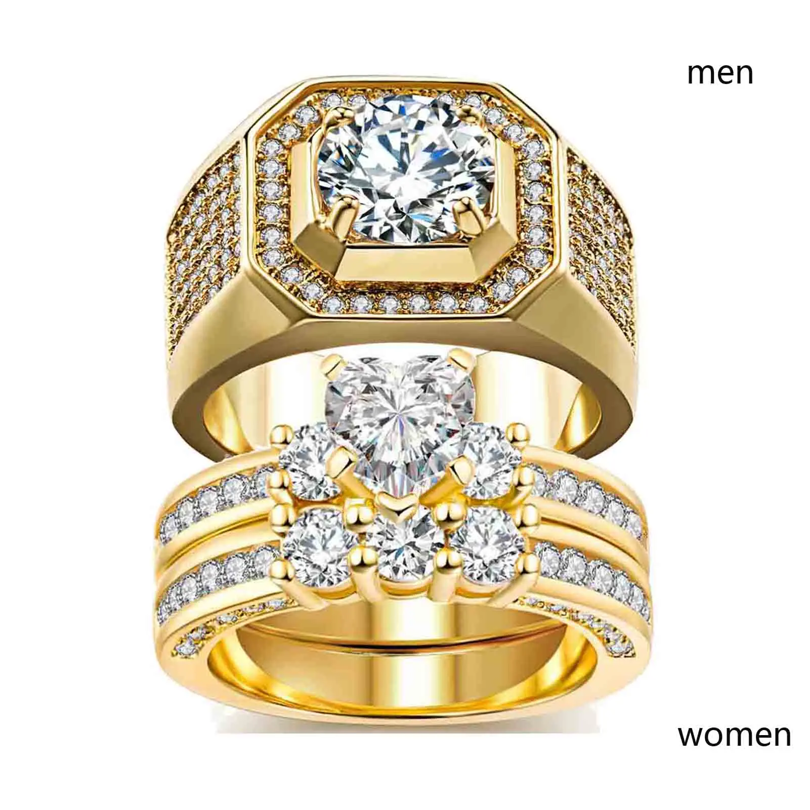 Ringcrown Couple Rings Matching Rings 1ct Heart CZ Yellow Gold Plated 2pcs Women Wedding Ring Sets For Him And Her Ring Sets Men Wedding Band