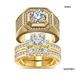Ringcrown Couple Rings Matching Rings 1ct Heart CZ Yellow Gold Plated 2pcs Women Wedding Ring Sets For Him And Her Ring Sets Men Wedding Band