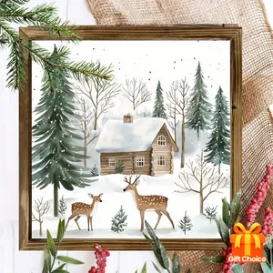 8x8 Inch Rustic Wooden Christmas Cottage Wall Art - Farmhouse Style Winter Cabin Picture Frame with Deer & Snowy Pine Trees, Lightweight Polished Wood, Horizontal Hanging for Living Room, Porch - Cozy Log Cabin Scene Holiday Gift (No