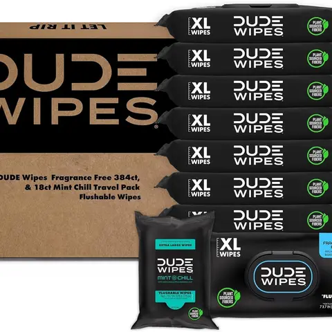 DUDE Wipes Flushable Wet Wipes - Fragrance-Free 8 Pack + Mint Travel Pack (402 Count) - Septic & Sewer Safe, Biodegradable, Gentle Formula - Extra Large Dispenser, Pre-Moistened Cleaning Cloths - Grooming for Men, Toilet Use, Pre-Moistened Cleaning Cloths