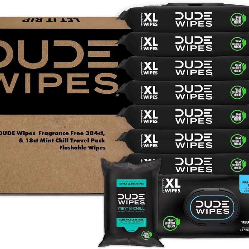 DUDE Wipes Flushable Wet Wipes - Fragrance-Free 8 Pack + Mint Travel Pack (402 Count) - Septic & Sewer Safe, Biodegradable, Gentle Formula - Extra Large Dispenser, Pre-Moistened Cleaning Cloths - Grooming for Men, Toilet Use, Pre-Moistened Cleaning Cloths