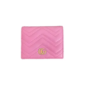 Pre-owned GUCCI calfskin Clutches & Wristlets Marmont Series Raspberry Pink Chevron Quilted Trifold Short Wallet, Card Holder
