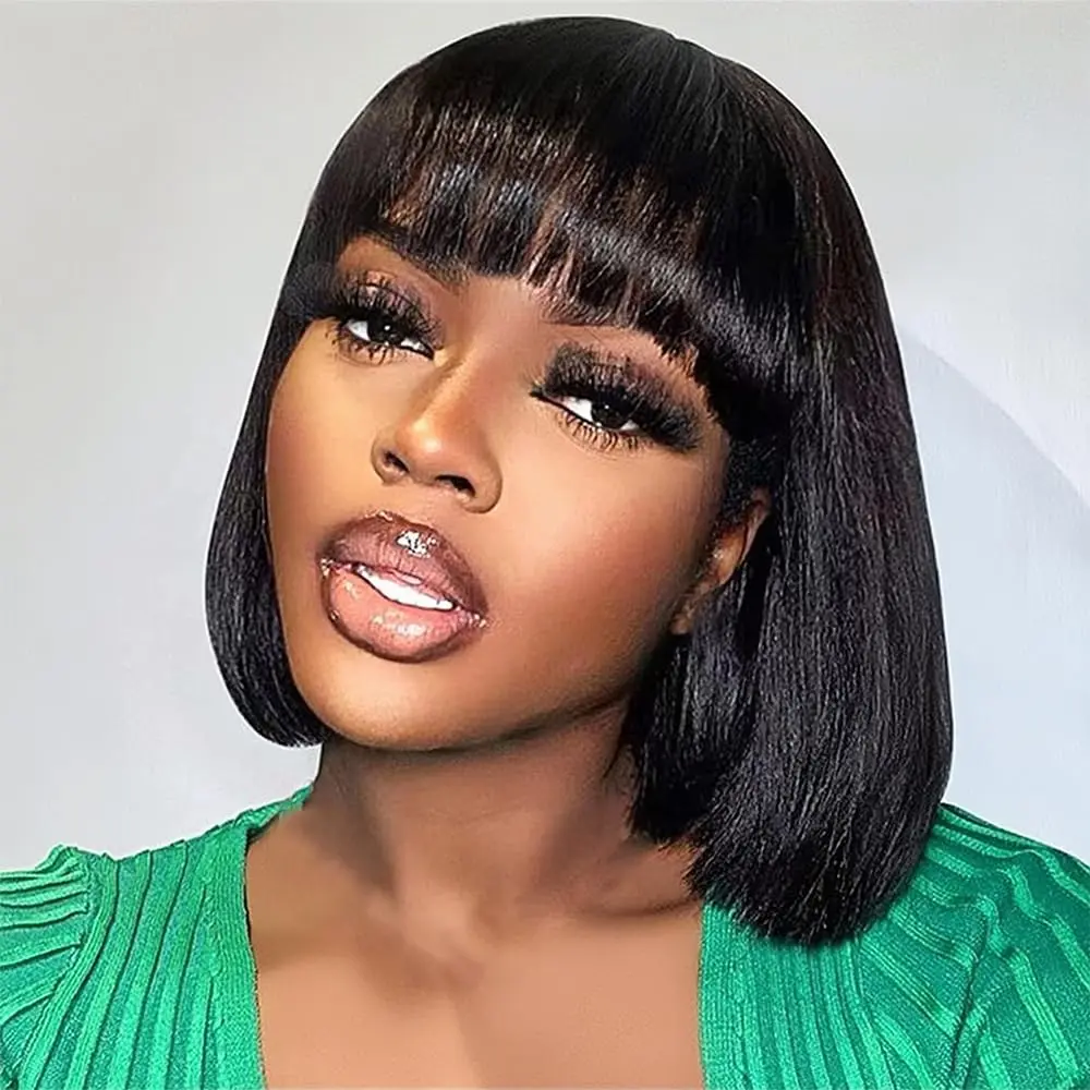 Bob Wig With Bangs Human Hair Straight Natural Black 10Inch 12Inch 14Inch Brazilian Virgin Human Hair Wigs With Bangs No Lace Front Wig 150% Density Bob Wig With Bangs Human Hair Straight Natural Black 10Inch 12Inch 14Inch Brazilian Virgin Human Hair Wigs With Bangs No Lace Front Wig 150% Density